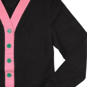 Cardigan col V boutonné pour université, noir avec accents rose et vert, style sororité classique, hiver, logo frontal, confortable, tricot style Letterman - Product Image 3