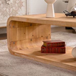 Table basse moderne élégante en bois clair courbé avec rangement ouvert et design à structure ouverte pour salons contemporains - Product Image 6