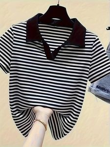 T-shirt rayé pour femme, manches courtes, col polo, pour l'exportation, en mélange de coton respirant, toucher doux, coupe ajustée pour femme - Product Image 3