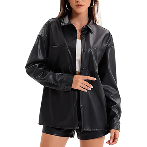 Camisa de Mujer de Piel Sintética con Botones, Manga Larga, Ajuste Holgado, Estilo Casual Urbano, Top de Moda, Chaqueta Oversize de Cuero PU Suave - Product Image 4