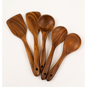 Cucharas de cocina de madera, juego de 5 utensilios de cocina de madera, logotipo personalizado, espátula y cucharón de madera ecológicos para utensilios de cocina antiadherentes - Product Image 1