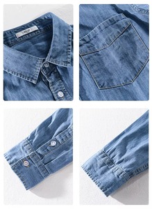 Camisa vaquera de hombre de manga larga, delgada, lisa, 100% algodón, suave, transpirable, con cuello alto, para invierno, 220g, con botones cubiertos - Product Image 3