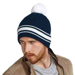 Men's <b>Navy</b> Blue Striped Beanie <b>Hat</b> with White Pom Pom Casual Winter Cap 100% Acrylic Knitted for Adults 56-58CM - Product Image 1