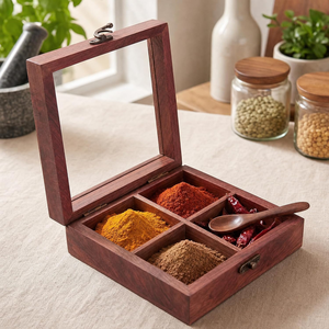 Boîte à épices en bois artisanale avec couvercle miroir, 6 compartiments, Masala Dabba avec cuillère, organisateur d'épices de cuisine, Masala Dani en bois - Product Image 3