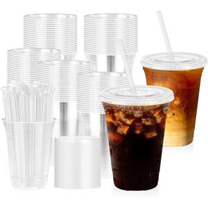 Confezione da 100 Bicchieri Monouso in Plastica Trasparente con Coperchi e Cannucce, Antigoccia e Resistenti per Caffè Freddo o Bevande da Asporto, Ideali per Feste - Product Image 1