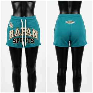 Premium cotton fleece booty shorts women teal color raw hem custom chenille embroidery logo <b>drawstring</b> waist women's shorts - Product Image 3