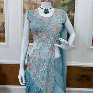 Sari en soie Rangoli bleu ciel élégant prêt à porter avec broderie et travail de perles semi-émaillées |   Chemise de créateur entièrement cousue - Product Image 1