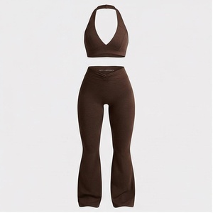 North Approach 2 Piece Yoga Set Deep V Halter Crop Top High Waist Full Length <b>Flared</b> <b>Leggings</b> Solid Brown Breathable Seamless - Product Image 1