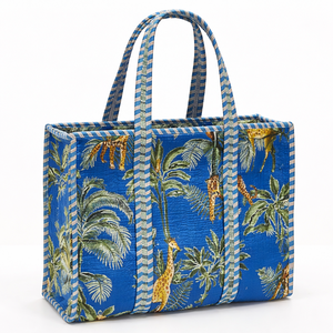 Handcrafted Customized Color Tropical Giraffe Print Quilted Cotton Tote <b>Bag</b> Premium <b>Safari</b> Motif Ethnic Shoulder Large Capacity - Product Image 1