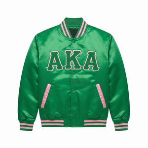 AKA green pink Satin Bomber college greek <b>Jacket</b> Custom Ribbon Lining <b>Women</b> Greek Letter Embroidered Varsity Street wear <b>Jacket</b> - Product Image 3
