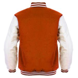 Veste universitaire personnalisée style Letterman, corps en laine orange, manches en cuir blanc, lettres en chenille, veste classique pour lycée et université 2026 - Product Image 3