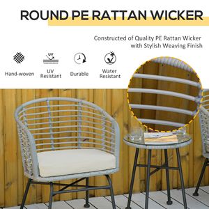 Set da bistrot da patio in rattan bianco crema da 3 pezzi con sedie imbottite e tavolino da caffè in vetro - Product Image 3