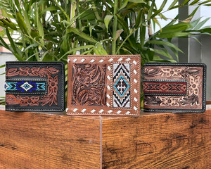 Wholesale High Quality New Style Fashion Hand <b>Tooled</b> <b>Leather</b> Beaded Bifold Wallets for Men Cow <b>Leather</b> RFID Blocking Card Wallet - Product Image 2