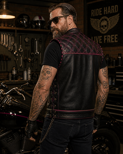 Chaleco de Motociclista para Hombre, de Cuero Genuino Ecológico, con Patrón a Cuadros Acolchado, Costuras Negras y Rosas, Cierre de Cremallera, Sin Cuello - Product Image 4