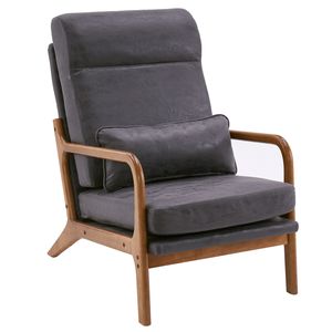 Poltrona da Interno con Schienale Alto, Braccioli in Legno Massello, Telaio in Ferro, Tessuto Bronzato Grigio Scuro, Ecologica, per Soggiorno - Product Image 1