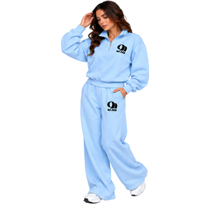 Completo da donna blu chiaro con zip a un quarto, vestibilità ampia, pantaloni sportivi a gamba larga, due pezzi, outfit casual - Product Image 2