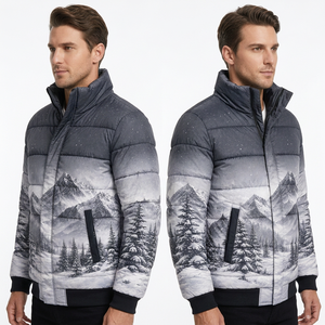 Men's Winter Puffer <b>Jacket</b> Snow Mountain Print Stand Collar Zipper Closure Windproof Casual Thick Polyester Material - Product Image 2