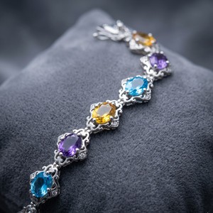 Bracelet vintage en argent sterling 925 avec pierres précieuses multiples, citrine, topaze bleue, améthyste, bijoux de créateur, classique pour femme, à porter tous les jours - Product Image 6