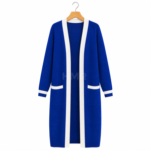 Cardigan en acrylique HMR Sisterhood Sorority bleu avec rayures contrastées blanches, manches longues, col rond, style décontracté - Product Image 5