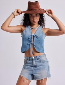 Gilet court en jean vintage uni pour femme, sans manches, col en V, vêtement d'extérieur - Product Image 3