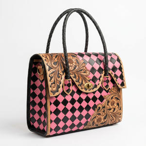 Women's High Quality Genuine <b>Leather</b> Tote Bag With Black Pink Color Checkered Floral <b>Tooled</b> Vintage Style Hasp Closure Daily Use - Product Image 2
