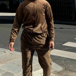 Ensemble de survêtement en velours marron pour homme, veste à col montant et pantalon de survêtement, tenue décontractée en deux pièces - Product Image 2
