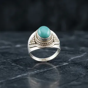 Geometric Bohemian 925 Silver Larimar Gemstone <b>Ring</b> Bezel Setting Unisex Everyday Wear - Product Image 2