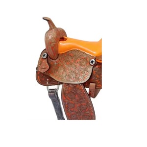 Western Brown Leather Floral Hand Carved Orange Soft Seat Crystal <b>Studded</b> Star Conchos Barrel Horse Saddle - Product Image 3