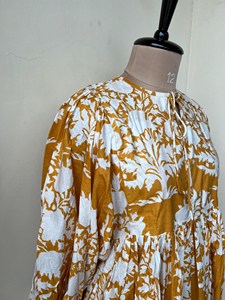 Women's Yellow Floral Block Print Puff Sleeve Midi <b>Dress</b> Tie-Neck <b>Loose</b> Fit Casual Summer <b>Dress</b> With Ruffle Hem - Product Image 4