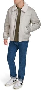 Blouson bomber en daim gris clair pour homme avec doublure en fausse fourrure, col rabattable, fermeture éclair, coupe-vent, manteau décontracté d'hiver - Product Image 3