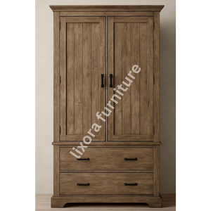 Modern Farmhouse Solid Wood 2 Door <b>Wardrobe</b> with 2 Lower Drawers Rustic Oak Finish Storage Armoire - Product Image 5