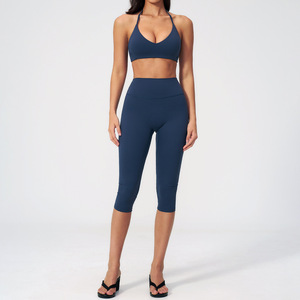 Custom Navy Blue 2 Piece Yoga Set Halter <b>Crop</b> <b>Top</b> 2026 High Waist Calf-Length Leggings Seamless Solid Color Activewear - Product Image 2