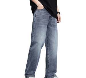 Jean en denim délavé pour homme, coupe large, taille haute, tissu en coton tissé, décontracté, pour l'automne - Product Image 3