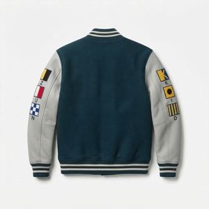 Blouson universitaire en techniques mixtes, personnalisable, vente en gros, style bomber, corps en laine véritable, manches en similicuir, boutons-pression, ourlet côtelé, streetwear - Product Image 2