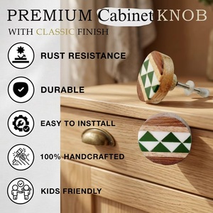 Wooden Cabinet Knob Round Green White Geometric Design <b>Rustic</b> Style Kitchen Drawer Handle Easy Installation - Product Image 2