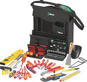 Kit d'outils d'électricien portable avec sac à bandoulière, comprenant un niveau, des tournevis, des pinces, une clé et une règle pour la réparation - Product Image 1