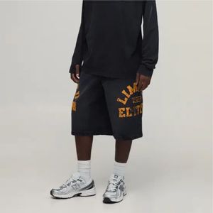 Men's <b>Black</b> Cotton Bermuda Shorts With Orange Letter Print Elastic Waist Casual Sport Style Breathable Woven Mid Rise Shorts - Product Image 1
