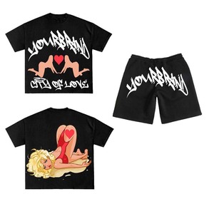 Premium 240 GSM Cotton Women T Shirt And Short <b>Set</b> Black Puff Print Screen Print Custom Logo 100% Cotton T shirt & Short <b>Set</b> - Product Image 3
