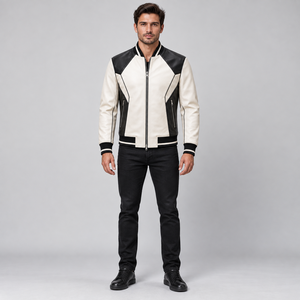 <b>Men</b>’s Two-Tone Leather Bomber <b>Jacket</b> with Geometric Panels, Front Zip Closure and Rib Knit Trims - Product Image 3
