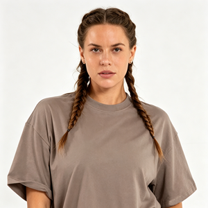 เสื้อยืดคอกลมโอเวอร์ไซส์สำหรับผู้หญิง แขนสั้น สีพื้น ทรงหลวม ผ้าฝ้ายเจอร์ซีย์ 100% ระบายอากาศได้ดี เนื้อผ้าถัก - Product Image 6