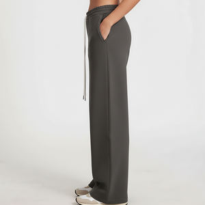 100 % Polyester/Cotton Fleece Women Straight Pants <b>Lace</b> Solid Color Regular Fit High Waist <b>Elastic</b> Waist Pants - Product Image 4