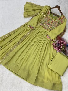 Awesome Sky Blue <b>Bead</b> Embroidered Chanderi Women's Party Ankle-Length Reversible Gown <b>Set</b> - Product Image 4