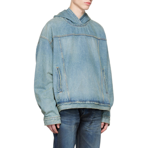 Sweat-shirts à capuche pour hommes en denim de haute qualité, unis, avec poches, pour l'hiver, effet délavé soleil et délavé à l'acide, grammage lourd, vente en gros - Product Image 5