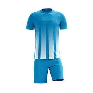 Ensemble de maillots de football personnalisés pour hommes, rayés bleus, manches courtes, polyester respirant, uniforme toutes saisons, vêtements d'équipe UPF 50+, personnalisable - Product Image 1