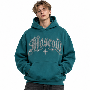Sweat à capuche oversize en molleton épais avec imprimé lettres en strass pour homme, style streetwear en coton molletonné - Product Image 2