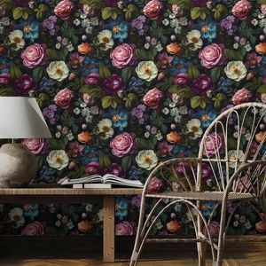 Papel Tapiz Autoadhesivo con Diseño Floral de Flores Negras, Rosas, Amapolas Blancas y Peonías, Fácil de Aplicar, Estilo Vintage - Product Image 5