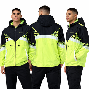 Veste coupe-vent à capuche pour homme avec logo personnalisé, couleur néon, imprimé léopard, fermeture éclair, streetwear, fournisseur OEM, vestes pour hommes - Product Image 4