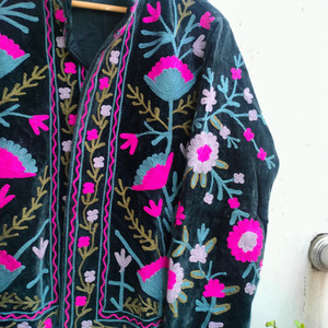 Premium Hand Embroidered Velvet Quilted <b>Jacket</b> Traditional Indian Suzani Style Women Luxury Black Floral Boho Coat Breathable - Product Image 3