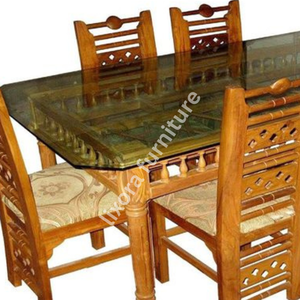Luxury Handcrafted <b>Solid</b> <b>Wood</b> 6 Seater Dining <b>Table</b> Set Glass <b>Top</b> Ornate Traditional <b>solid</b> <b>wood</b> Finish - Product Image 3