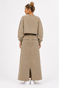 Vintage Washed <b>Women</b> Loose Sweat Cargo Skirt & Cropped Sweatshirt Casualwear <b>Back</b> Center Split Maxi OEM Tracksuit Custom Logo - Product Image 4